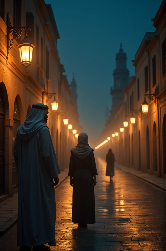 A wide-angle view of the street as the woman walks away into the distance, her figure gradually fading into the night. Hazrat Umar stands at the edge of the street, observing her departure with a thoughtful and respectful demeanor. The street remains peaceful, bathed in the soft glow of lanterns, and the scene reflects a sense of quiet empowerment, showing the woman’s ability to move freely and confidently within her society.