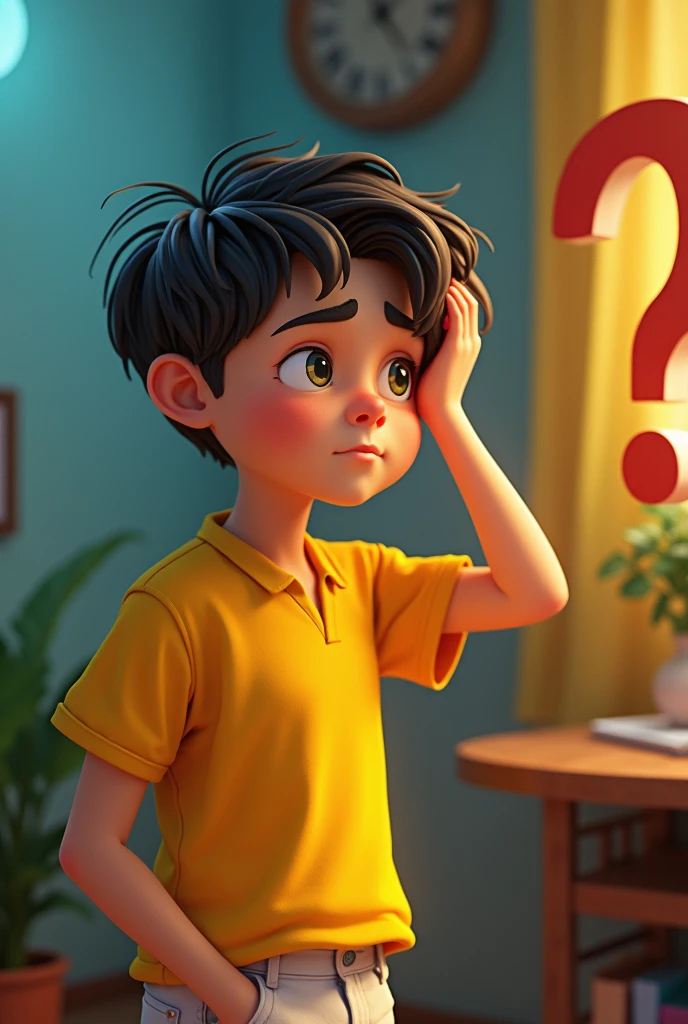 Create cinematic 3d cartoon style images "a boy sitting in tention? Colour full,vertule, yellow shirt, white pent with tention mood and quotation mark sign left hand on head with fostrat face"