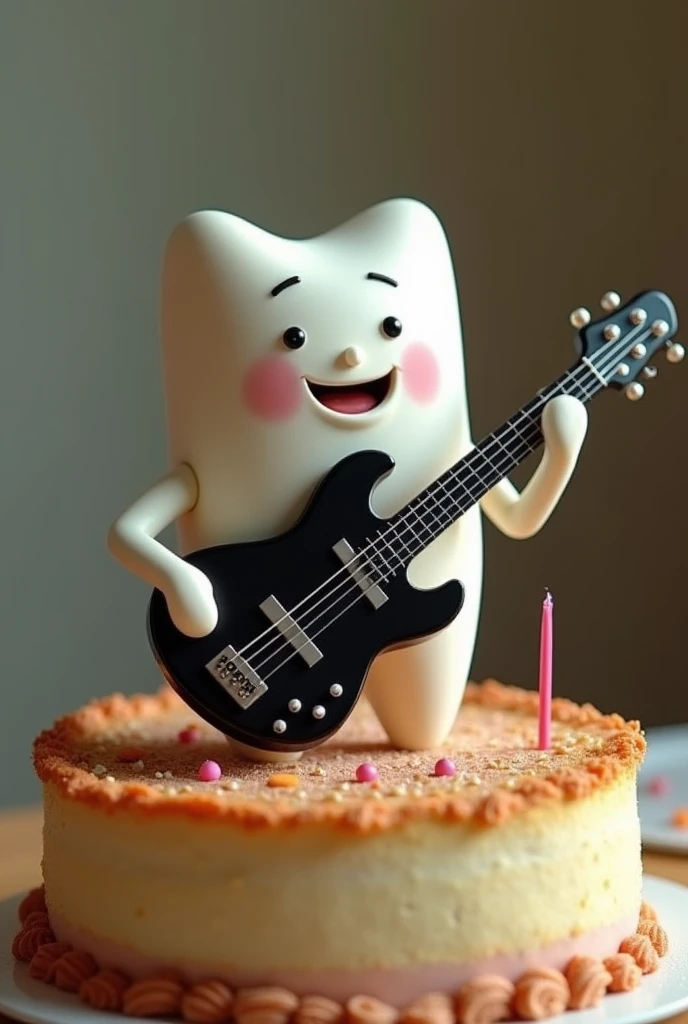 A cake with a male tooth playing a black five-string electric bass guitar