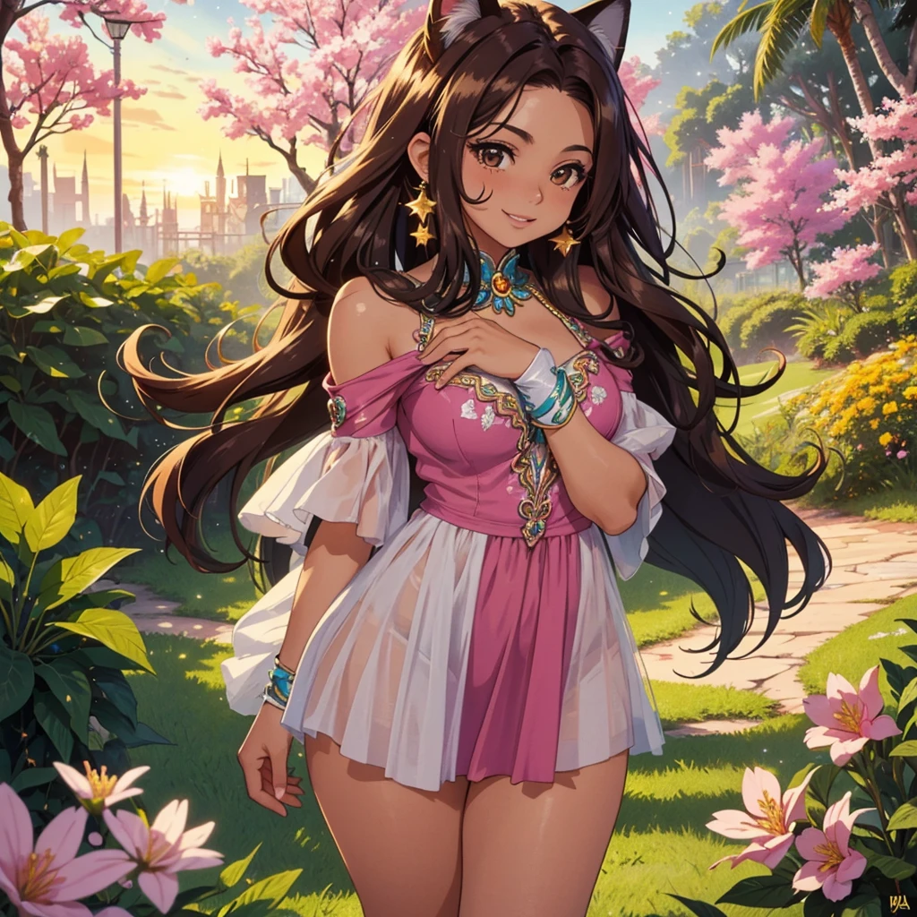 (best quality,4k,8k,highres,masterpiece:1.2),ultra-detailed,(realistic,photorealistic,photo-realistic:1.37),acrylic painting,beautiful Brazilian model in pink outfit with downy hair,beautiful Brazilian model with extremely colorful brown hair and detailed facial features,beautiful Brazilian model standing in a beautiful garden surrounded by a starry sky,brown hair,beautiful Brazilian model with intricate accessories,cat ears, ,beautiful Brazilian model with long flowing twintails,beautiful Brazilian model with bright brown eyes and rosy lips,beautiful Brazilian model with a joyful expression,beautiful Brazilian model in a dynamic pose with cherry blossoms falling around her,beautiful Brazilian model surrounded by colorful flowers and butterflies,beautiful Brazilian model with an enchanting smile,beautiful Brazilian model with soft, pastel-colored shading,beautiful Brazilian model with a magical glow illuminating her,beautiful Brazilian model in a picturesque setting with a winding path leading to a magnificent castle,beautiful Brazilian model with a fairytale-like background,beautiful Brazilian model with a soft, dreamy atmosphere,beautiful Brazilian model with a subtle bokeh effect,beautiful Brazilian model standing under a sunny sky,beautiful Brazilian model with a warm, golden sunset in the background,beautiful Brazilian model surrounded by twinkling stars and colorful nebulae,creating an ethereal and captivating artistic masterpiece, facing camera, up close, face only, uniform dress outfit pink