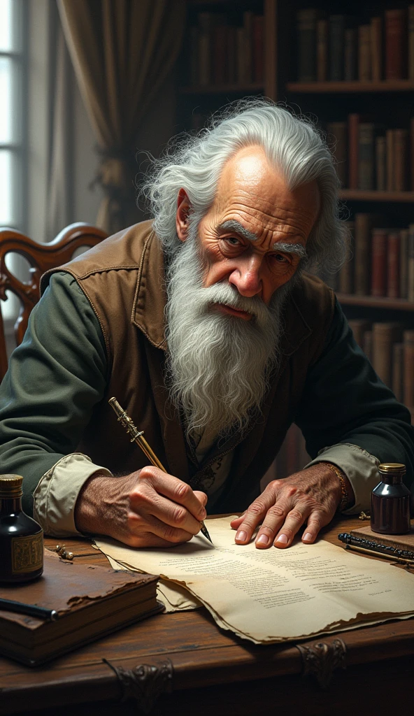 A old man writing a book