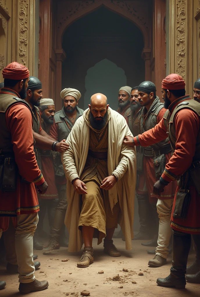 Bahadur shah zafar in palace, hand tied and being dragged on his knees by the British soldiers.