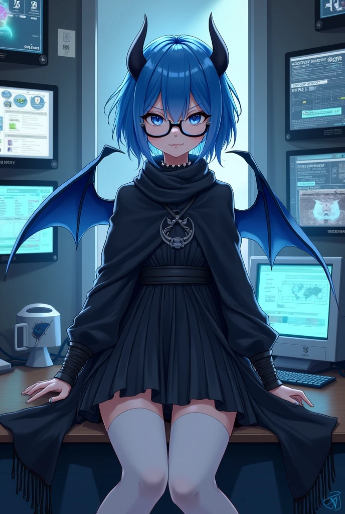 1 Girl, Lilawil, Blue Hair, blue eyes, short hair, Black shawl, skirt, White pantyhose, Blue Devil Wings, Blue glasses, Mini,, indoors, Hideout, Many monitors, phantom thief Hideout,, , 