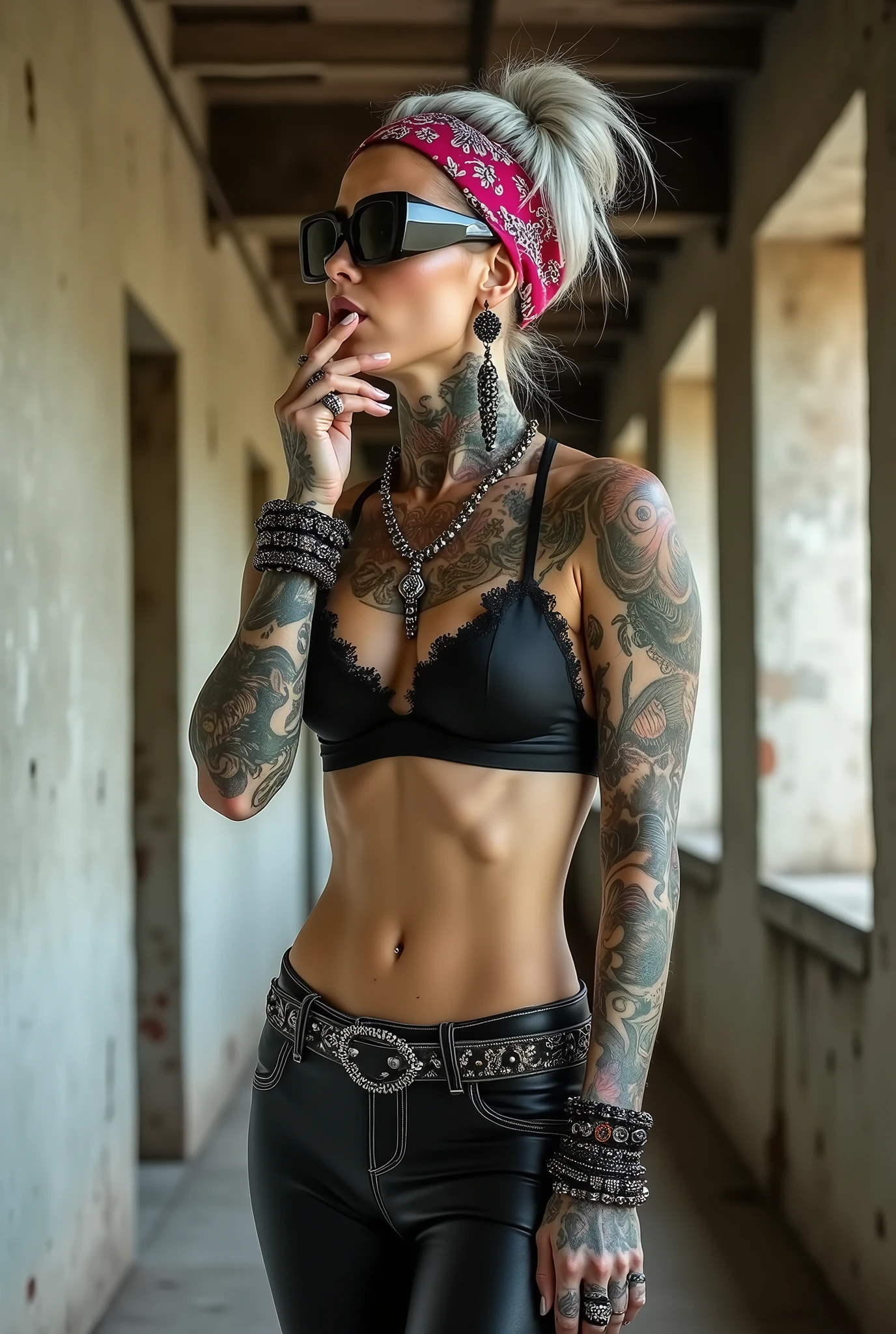 russian woman, grey hair (bouffant, top bun) and oversized square sunglasses and wide colourful bandana as headband, with very light green eyes, extremely pale. Big lips. Black lace push up bra, silicone breaight skinny black low rise leather jeans. Flip flopsts of thick wide studded bracelets, chain collars and big rings,. Two loose studded belts. Long earrings with chains and feathers. Walking, stretching her neck and looking up in surprise, craving., Neck, chest, stomach and wrists heavily tattoed. Touches the lip of her open mouth. The other hand in pocket. Toned abdominals, thin neck, slim legs and thin arms. Narrow hips. Full body. At a long narrow industrial corridor with natural light. Another woman e her five metres behind, as a guard, checking the horizon. Full body