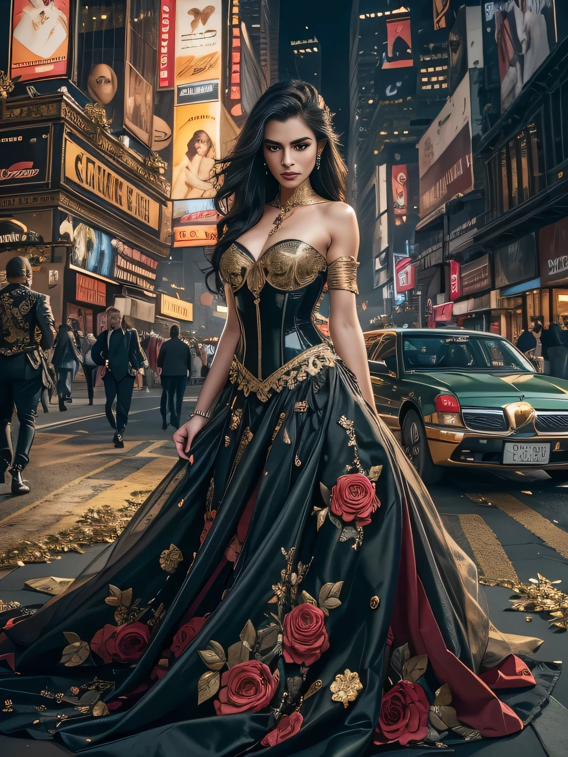 Twilight lady, beautiful and mysterious woman, a work of art of beauty, realistic and sharp focus, wearing sexy clothes. detailed Professionally retouched, soft lighting, realistic and smooth face, perfect eyes, sharp focus on eyes, 8k, high definition, incredibly detailed, complex, elegant. on a background of Time Square at night. long black hair, striking face, expressive and crystal clear green eyes, black floral tulle with gold embroidered edges draped over the shoulders, shiny red and gold satin corset, detailed and intricate, draped black skirt, lightweight fabric, with golden roses at the waist, night background. Full HD.