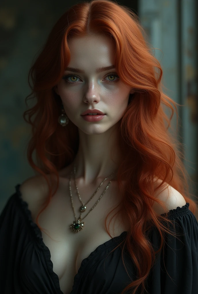 long dark red hair, hazel eyes