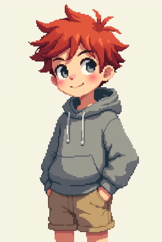 boy with red unkempt short hair, gray eyes, grey sweatshirt and beige shorts, Pixel style