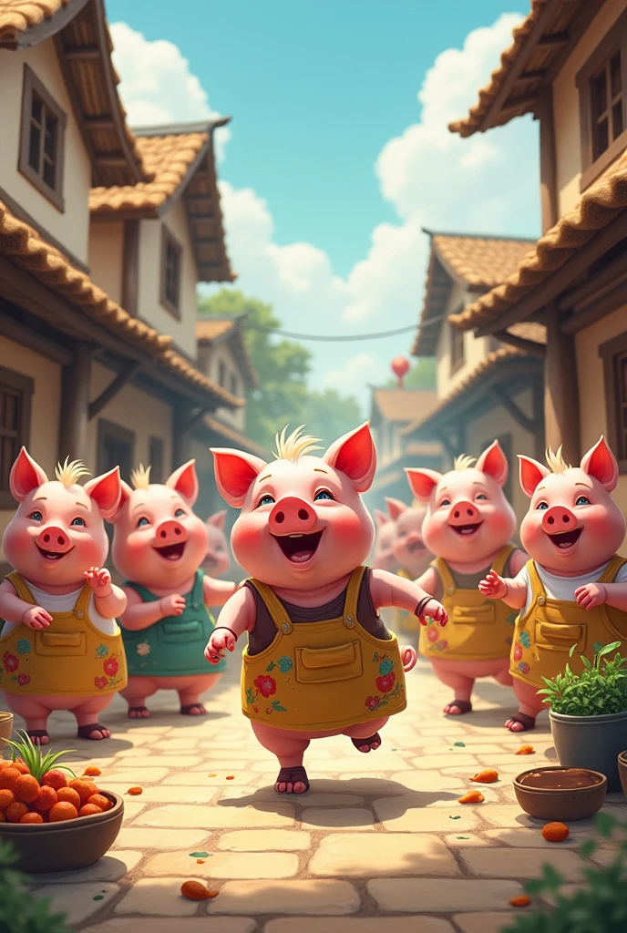 All the pigs in the village are cooking, but one pig just runs around.
