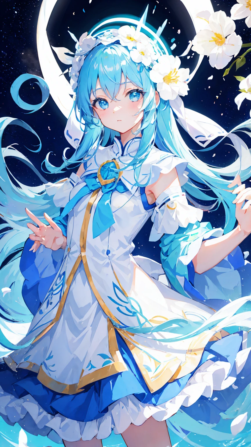 Anime Girl,light blue hair,White裙子,White,Flower headdress