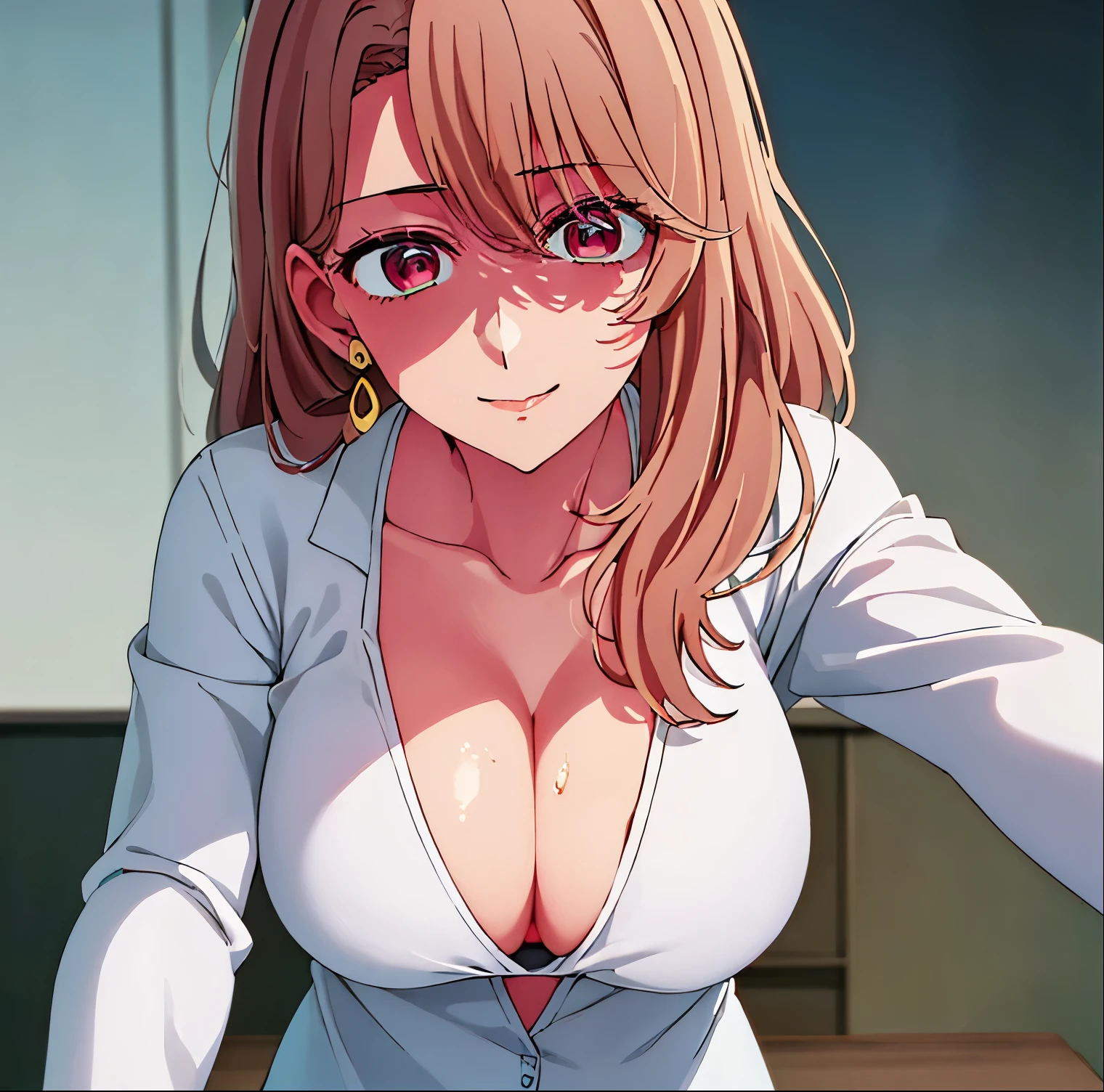 1girl, alone, miyako saitou,(White_jacket),(red bra),(Deep_cleavage), long_sleeves,jewelry,collarbone, earrings,open_clothes,pink eyes,light_brown hair,eyebrows_visible_through_hair,bangs1 girl, 20yo,Young female,Beautiful Finger,Beautiful long legs,Beautiful body,Beautiful Nose,Beautiful character design, perfect eyes, perfect face,expressive eyes,perfect balance,looking at viewer,(Focus on her face),closed mouth, (innocent_big_eyes:1.0),Light_Smile,official art,extremely detailed CG unity 8k wallpaper, full height:1.4,full body,perfect lighting,Colorful, Bright_Front_face_Lighting,shiny skin,smile,(masterpiece:1.0),(best_quality:1.0), ultra high res,4K,ultra-detailed,8K, HDR, highres, absurdres:1.2, Kodak portra 400, film grain, blurry background, bokeh:1.2, lens flare, (vibrant_color:1.2),professional photograph,
(Beautiful,large_Breasts:1.4), (beautiful_face:1.5),(narrow_waist), excellent hands, excellent anatomy ,full body, looking at viewer, pov (from above)