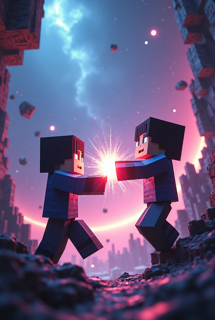 Create a 2 person minecraft landscape doing pvp(fighting) in space with the rocks raised levitating. On that same map do it but now with pro skins