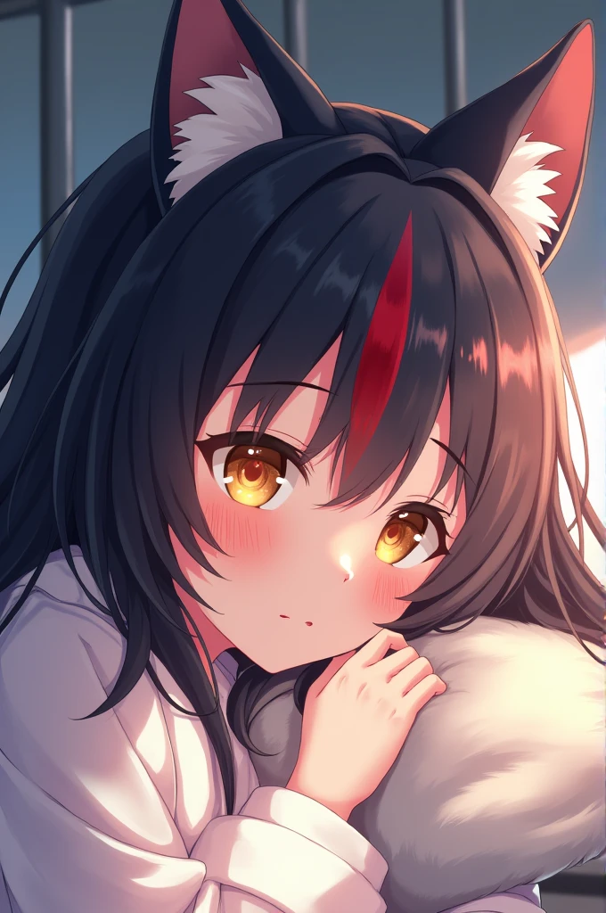 ookami mio, a girl with wolf ears and white skin, golden eyes, black hair with a red streak sleeping 