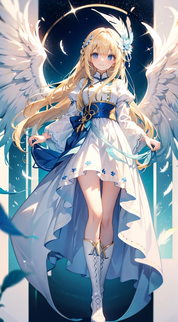 Blonde hair and blue eyes Light blue clothes Long skirt Feather hair ornament bright smile Wings are growing White boots slender Girl cute Long Hair