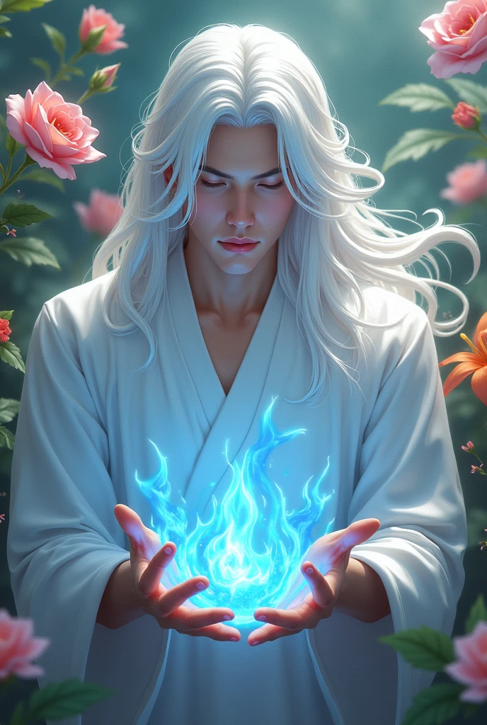 Serene young man with long white hair based on the nine-tailed fox,in a flower garden with blue flames in hands