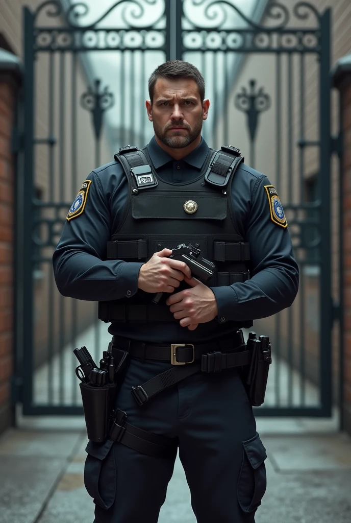 one men, Security ,in front of a gate with an HT radio in his hands,wearing a bulletproof vest and a holster on his waist with a revolver