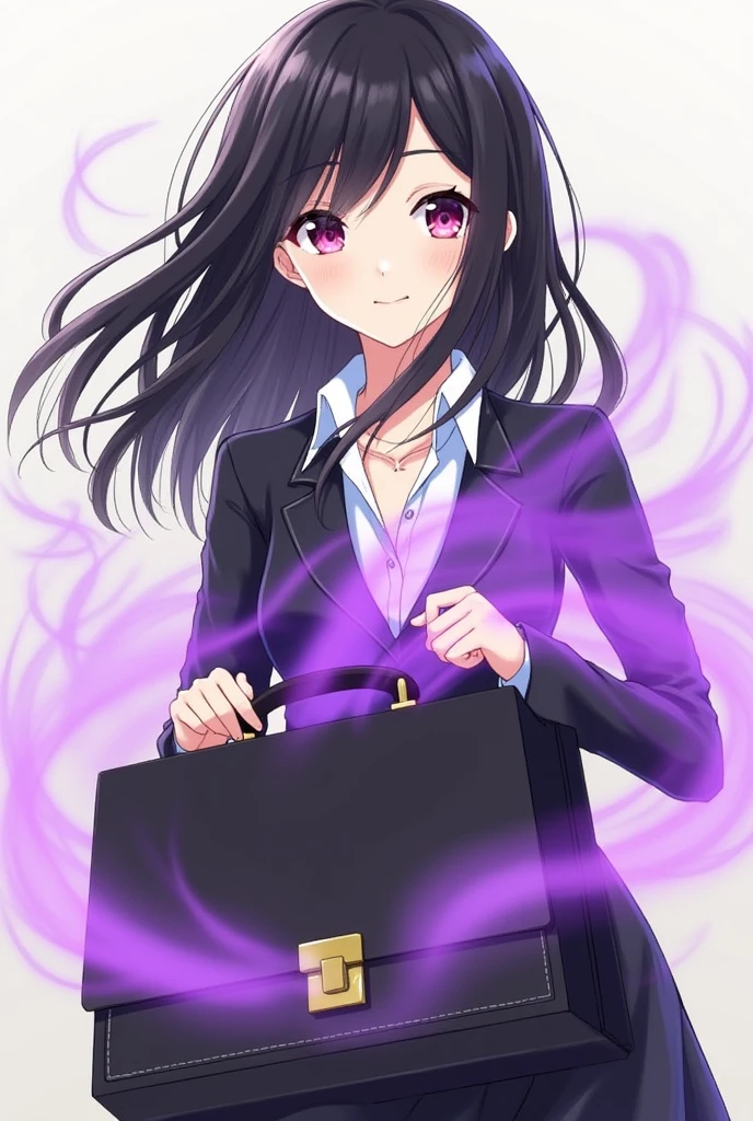 Ishinose Shiki with long hair a black briefcase with a purple aura around both, for cover, with cute poses