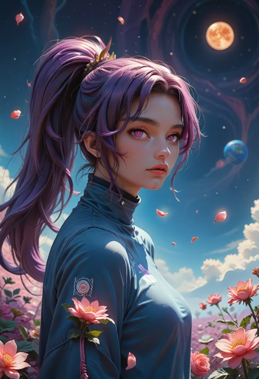 ((masterpiece, Best quality)), (negative space: 1.2), (1 girl, One: 1.4), petals, Pink eyes, dragon girl, long, purple hair, high ponytail, thin hair, flowers, Dragon Background