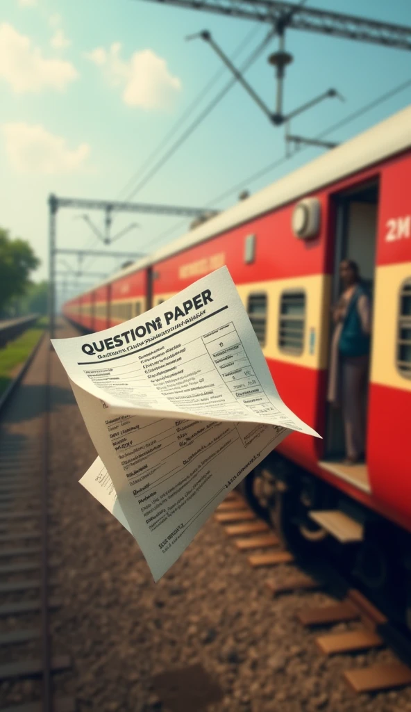 previous year a lots question paper flying showing the text clear only in english , because india train is crossing, train left side written "RRB Paramedical 2024" only in english.