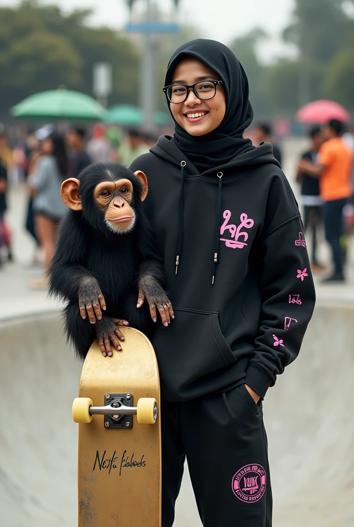 Original photo. hijab smiling face of young Indonesian woman 195cm tall wearing glasses. with simpanse wearing a sharia hijab. wearing a black hoodie with pink motifs. it says "NELTA CIABENK" jogger pants. Vans sneakers, holding a gold skateboard on the back that says "10K FOLLOWERS" is an American skate board ride. lots of skaters playing. Realistic photography, very realistic