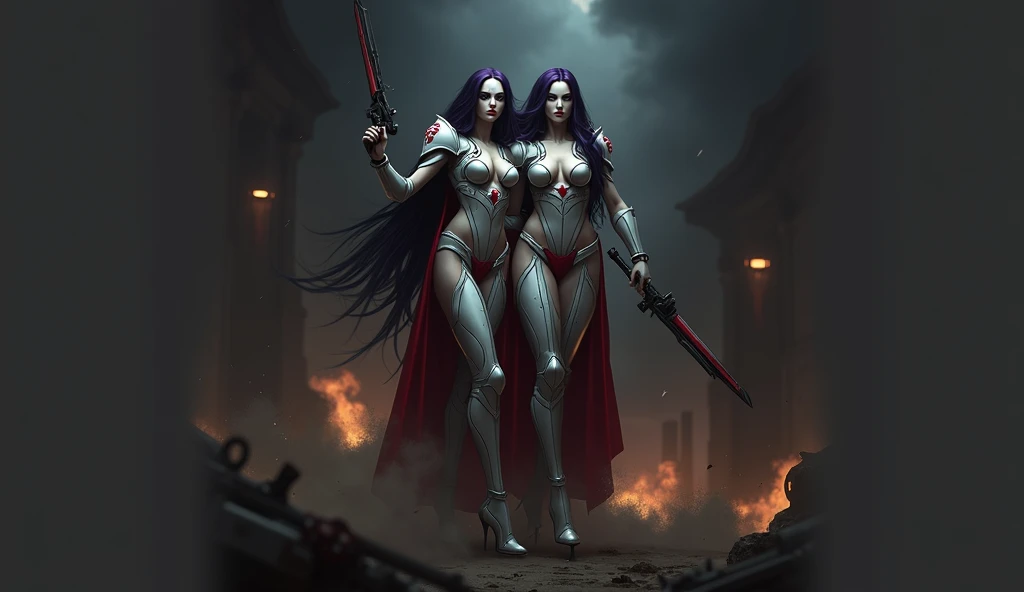 Masterpiece, Best Quality, Official Art, (Highly Detailed CG Unity 8k wallpaper), Detailed background, (Hands by Guido Daniele: 1.1). Full body pose sexy sisters of battle from the warhammer 40k, shooting at the enemy, white armor with intricate details, red armor with intricate details, religous symbols on the armor, sisters of battle, warhammer 40k, Massive silicone breast, pale skin, seductive, temptation, eat your soul, clevage, long flowing black hair with purple highlights, heavy gothic makeup, at night, neon, beautiful detailed eyes, beautiful detailed lips, extremely detailed eyes and face, long eyelashes, highly detailed armor, intricate futuristic weaponry, dramatic lighting, cinematic composition, muted color palette, gritty and realistic, mecha, science fiction, hyper-detailed, photorealistic, award winning digital art, 8k, HDR, masters work, in the middle of a battle field, full body combat action pose, explosions and fire around, full war, stunning, Stilleto heels, high heels, full body pose, cinematic, movie trailer, final stand!, nemesis, ready to strike, dust and debree, combat screams, attacking, shooting at the enemy, running forward, last line of defense, charging, fanatic, religious, templar knights, sisters of battle, warhammer 40k