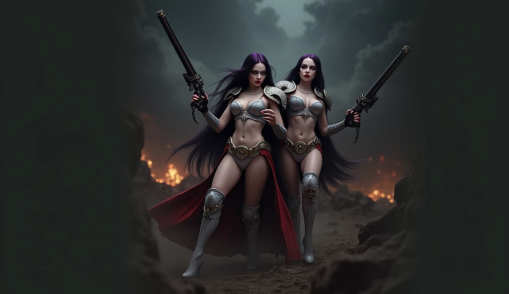 Masterpiece, Best Quality, Official Art, (Highly Detailed CG Unity 8k wallpaper), Detailed background, (Hands by Guido Daniele: 1.1). Full body pose sexy sisters of battle from the warhammer 40k, shooting at the enemy, white armor with intricate details, red armor with intricate details, religous symbols on the armor, sisters of battle, warhammer 40k, Massive silicone breast, pale skin, seductive, temptation, eat your soul, clevage, long flowing black hair with purple highlights, heavy gothic makeup, at night, neon, beautiful detailed eyes, beautiful detailed lips, extremely detailed eyes and face, long eyelashes, highly detailed armor, intricate futuristic weaponry, dramatic lighting, cinematic composition, muted color palette, gritty and realistic, mecha, science fiction, hyper-detailed, photorealistic, award winning digital art, 8k, HDR, masters work, in the middle of a battle field, full body combat action pose, explosions and fire around, full war, stunning, Stilleto heels, high heels, full body pose, cinematic, movie trailer, final stand!, nemesis, ready to strike, dust and debree, combat screams, attacking, shooting at the enemy, running forward, last line of defense, charging, fanatic, religious, templar knights, sisters of battle, warhammer 40k