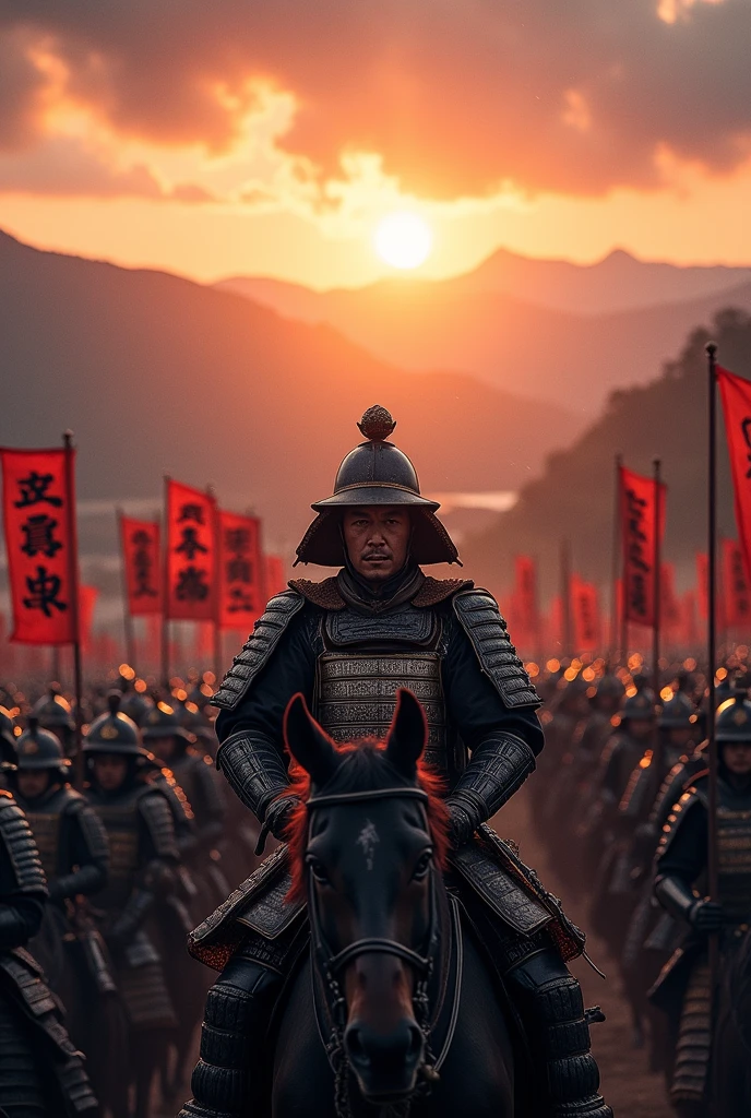In the vast and imposing battlefield of feudal Japan, an army of 3,000 samurai is preparing for a decisive march toward war. The sun is rising slowly on the horizon, casting hues of orange and pink across the sky and bathing the warriors in a golden light. Each samurai wears polished, gleaming armor with intricate details that reflect the honor and prestige of their class.

The sound of war drums echoes across the plain, synchronized with the steady, resolute rhythm of the soldiers' steps. The march is grand and coordinated, with the clinking of armor and the clatter of swords creating a symphony of military preparation. Clan banners flutter in the wind, displaying emblems of lions and dragons—symbols of courage and power.

At the head of the column, the revered general rides proudly on a horse adorned with elaborate armor, followed by his officers in precise formation. His gaze is unwavering, reflecting the determination and strategy behind the impending campaign.

The warriors are focused, with intense looks and expressions of resolve. The surrounding landscape is a mix of green fields and distant mountains, and the presence of the samurai transforms the environment into a sea of steel and discipline. The march is a spectacle of power, honor, and tradition, foretelling a battle that will shape the future of their clans and the country.