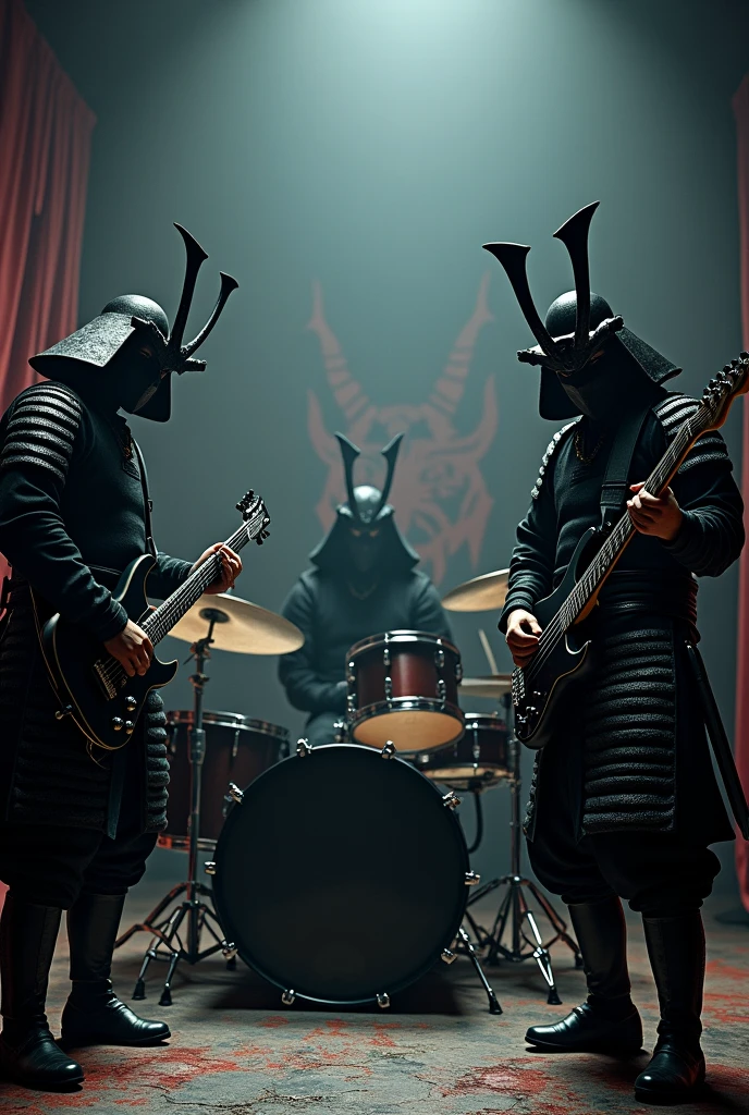 There are have 3 samurai they are have black mask one off them is playing black bass guitar, one off them is playing drum and another one is playing black electric guitar in dark devil room