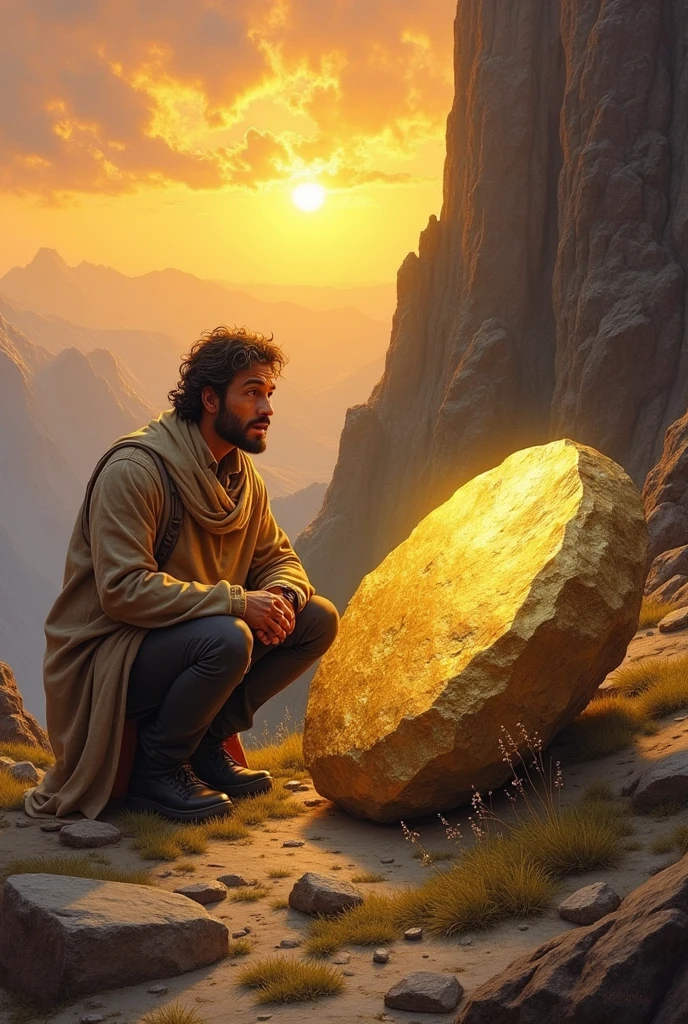 A detailed painting of a man, Peter, in his 30s, kneeling beside a large, shiny gold stone on a rugged mountain. The sun is setting behind him, casting a warm, golden glow over the rocky terrain. Peter's expression is a mix of surprise and excitement as he gazes at the gold. The mountain is steep, with scattered boulders and sparse vegetation.