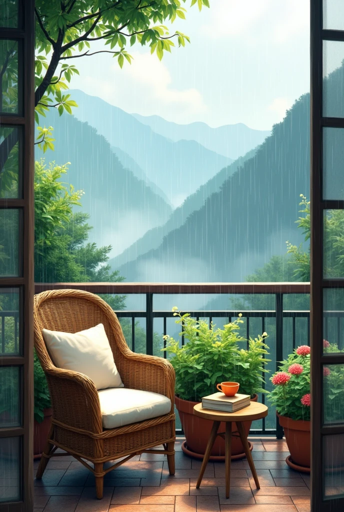 Create a cozy, rain-soaked balcony scene overlooking mist-covered mountains. The setting includes a comfortable wicker chair with soft cushions, positioned next to a small wooden table holding a warm cup of tea and a stack of books. Surrounding the balcony are lush green plants and flowers in terracotta pots, adding to the serene and natural atmosphere. The gentle rain is falling in the background, creating a soothing ambiance, while the mist rises from the distant mountains, giving the entire scene a peaceful and refreshing feel. The overall mood should be one of relaxation, comfort, and connection with nature.

This prompt captures the essence