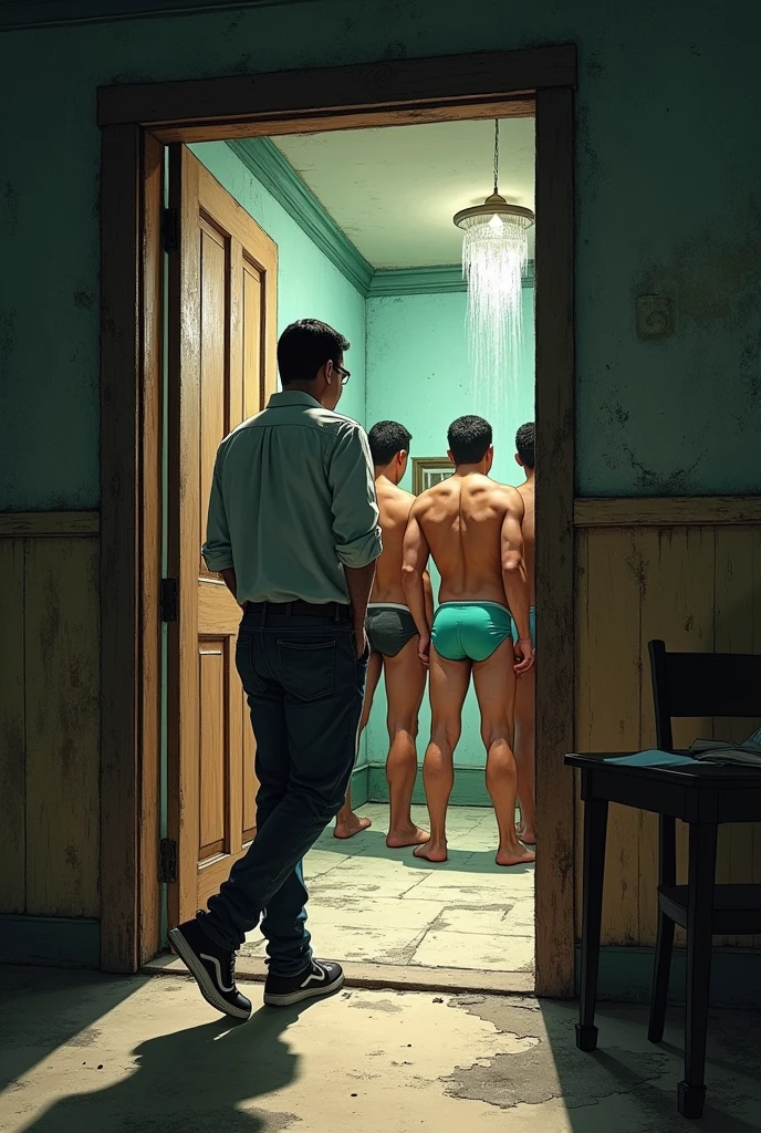 Man reporter in shirt, pants and sneakers outside an old house, looking into a large hall in the house, leaning against the door, having full view of doorway of puerto rican men standing strong and hairy in their underwear next to each other taking a shower inside.