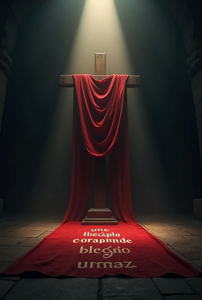 Cross of Christ on Calvary in the midst of darkness, with a red cloth,  and the cross sending a light to the ground, and written on the floor, children of the promise, In Portuguese 