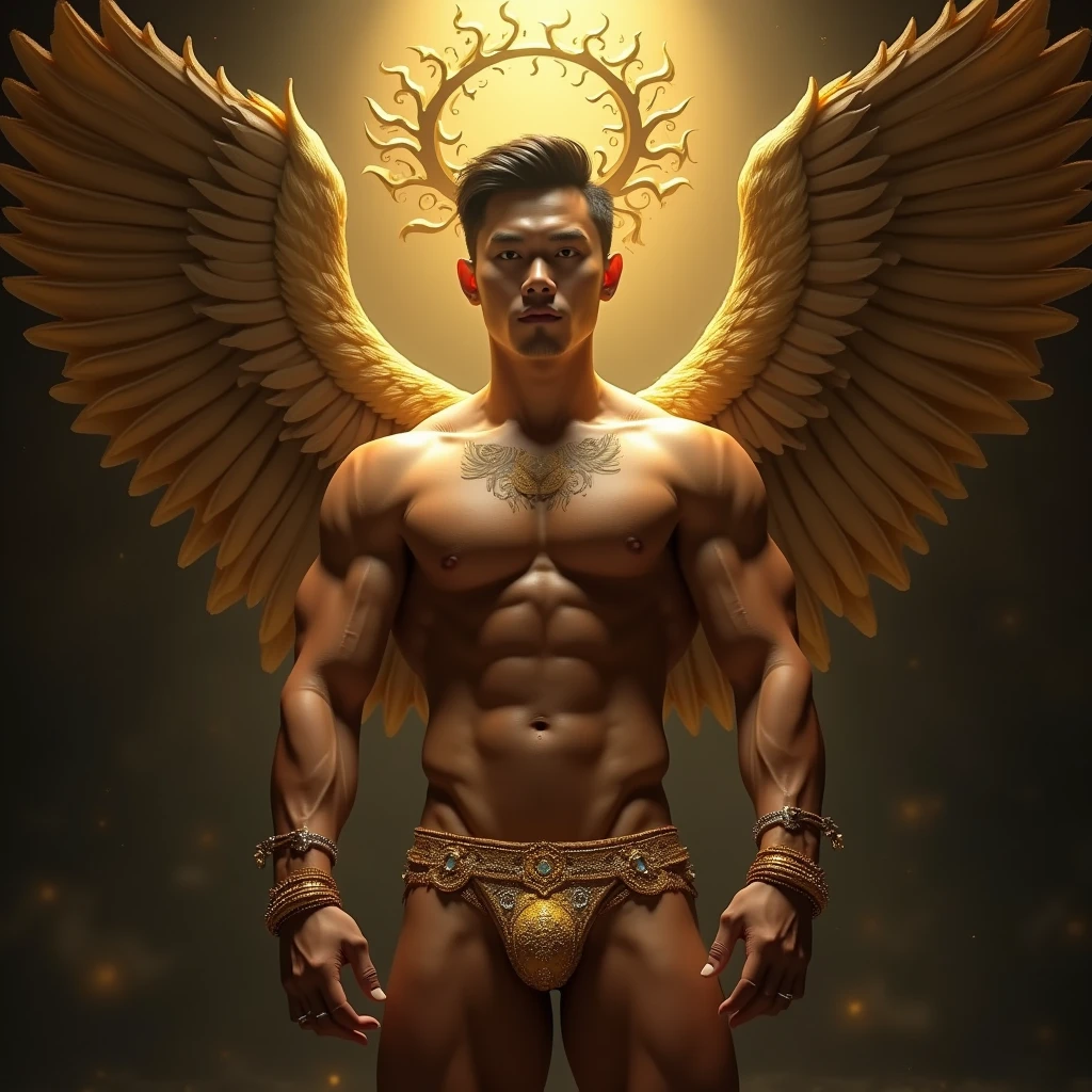 A muscular handsome asian man in a darkest place, extremely muscular body, perfect body, large chest, largest pectorals, big nipples, well-defined abs, golden shiny skin, the emphasis is on the male body. Sexy gaze, (looking at the viewers romantically), sexy posture, above his head is a golden halo, he is bathed in golden sacred light coming from above, (((a gold crown on his head, his body is imprisoned with gold chains, gold finger rings, hands and neck are shackled with golden chains at back, two angelic golden wings on his back, golden shiny tattoos on his chest and hands))), (A Voluptuous golden brief with a band of gold with sparkling gemstones, (bulge: 1.2)). He has short black hair. This scene looks like something out of the realm of fantasy or legend seen from above, (full body view),