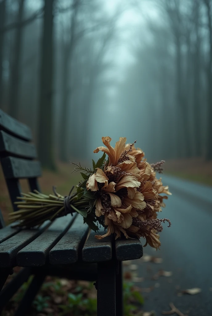 A close-up of a dried and faded bouquet on the seat. on a dark road with fog