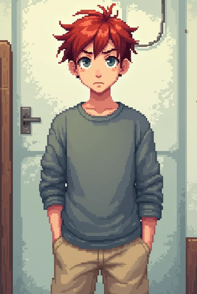  a guy with red sloppy short hair, gray eyes, grey sweatshirt and beige shorts, Pixel style