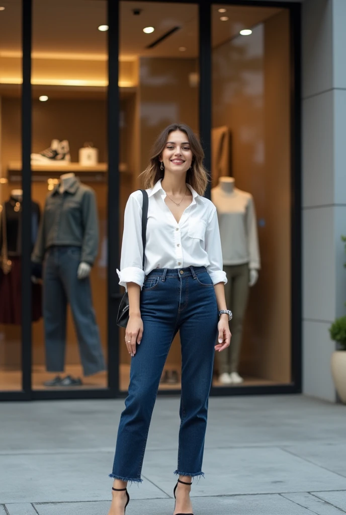 an 1, glad, wearing dark jeans, white shirt and high heels, in front of a street wear style clothing store