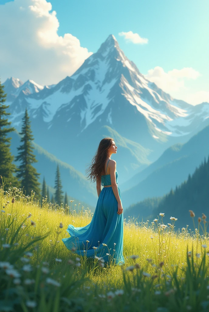 A woman 2 seeing the mountains from the grassland wearing blue colour plazo