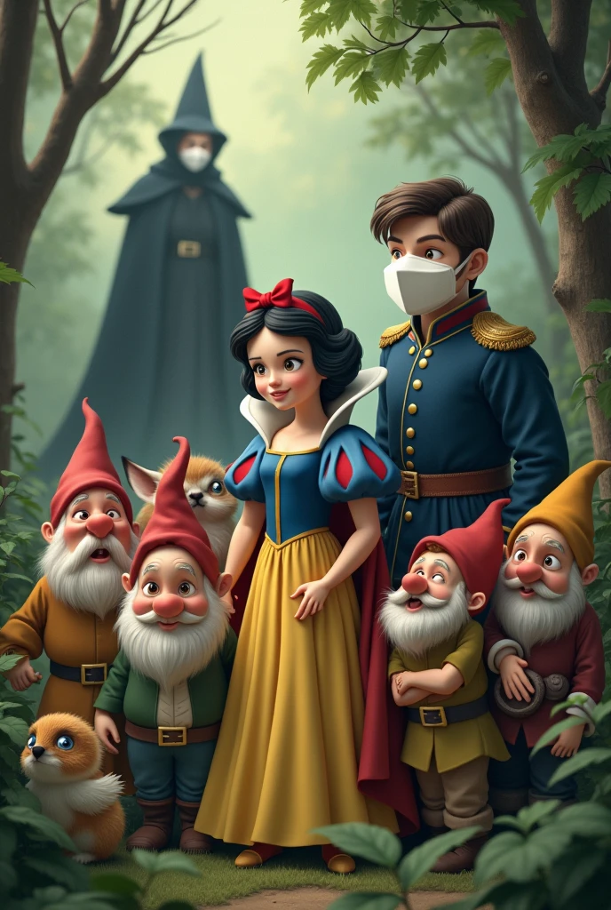 Snow White, The prince, The seven dwarfs and the forest animals in the forest wearing a mask to protect themselves from covid-19 and the evil witch in the background dying from covid.19