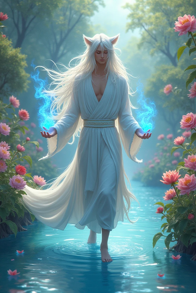Serene young man with long white hair based on the nine-tailed fox,in a flower garden with blue flames in hands ,Walking on water
