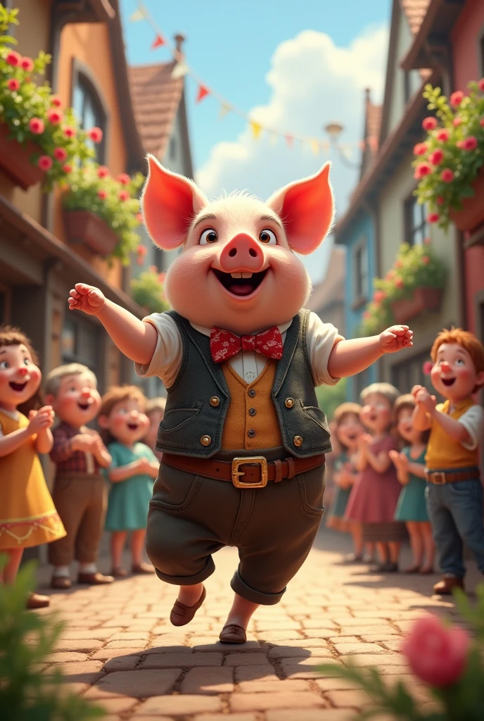 The cool pig only sings and dances in the village.