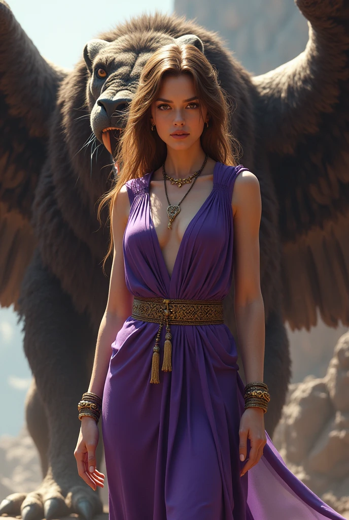 lilith with big and curious eyes, light brown hair and purple Greek toga with golden belt and bracelets beneath a manticore from Greek mythology, stabbing the monster 