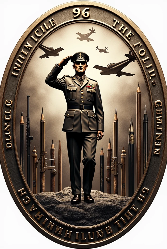 A circular coin featuring a central figure of a military officer, hand raised in salute, with three aircraft flying above. Surrounding the central figure, various types of weapons and pencils encircle the edge of the coin. At the bottom, the text "Grande Invencible 99" is inscribed, while a small "96" is positioned at the top.