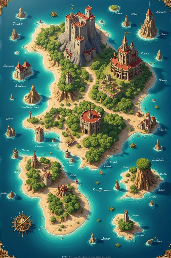 Make a map with islands and biomes plus names on top of the city biomes and more