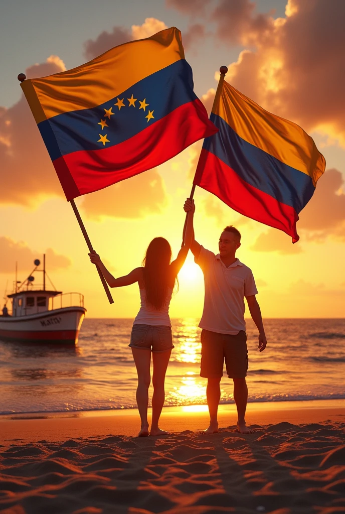 Two people raising flags, one woman holding the flag of Venezuela and the other the flag of Ecuador, a man on a beach in the sunset, sun rays and a fishing boat named Manta - Ecuador
, cyber realistic