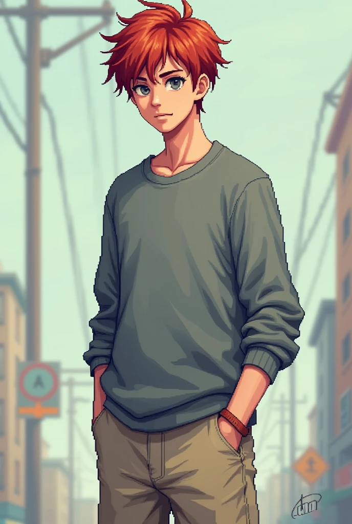  a guy with red sloppy short hair, gray eyes, grey sweatshirt and beige shorts, Pixel style