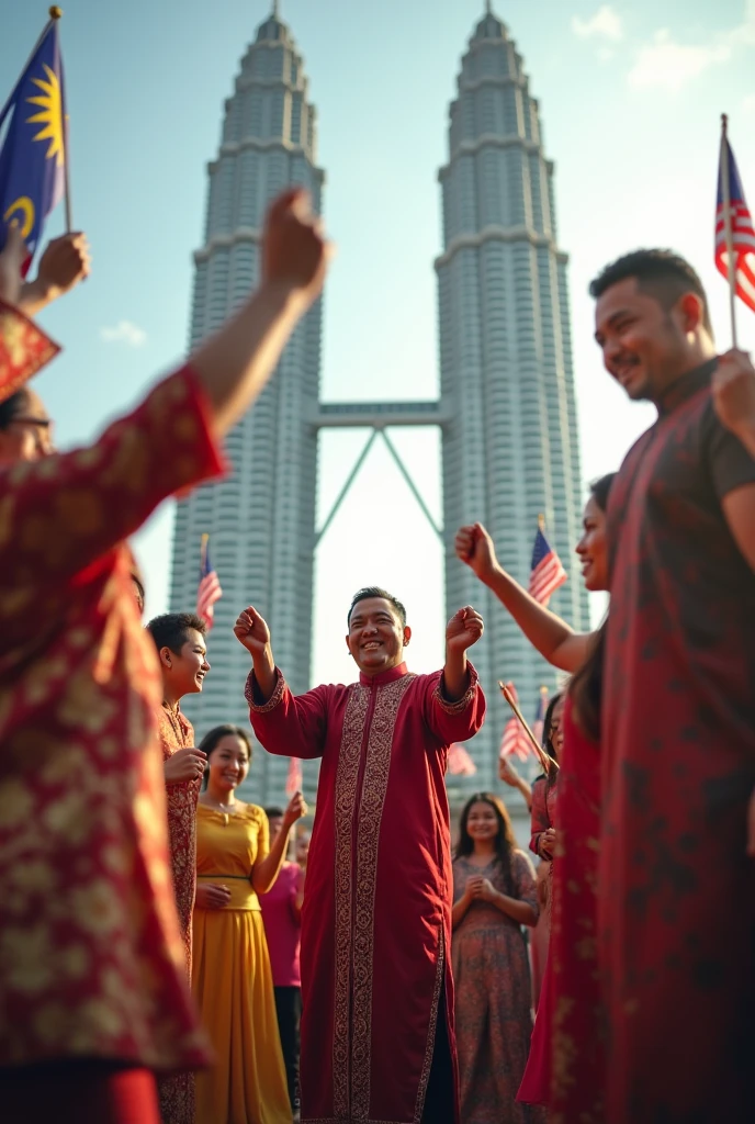 Different race and culture wearing traditional outfit celebrating merdeka day with klcc and Malaysia flag