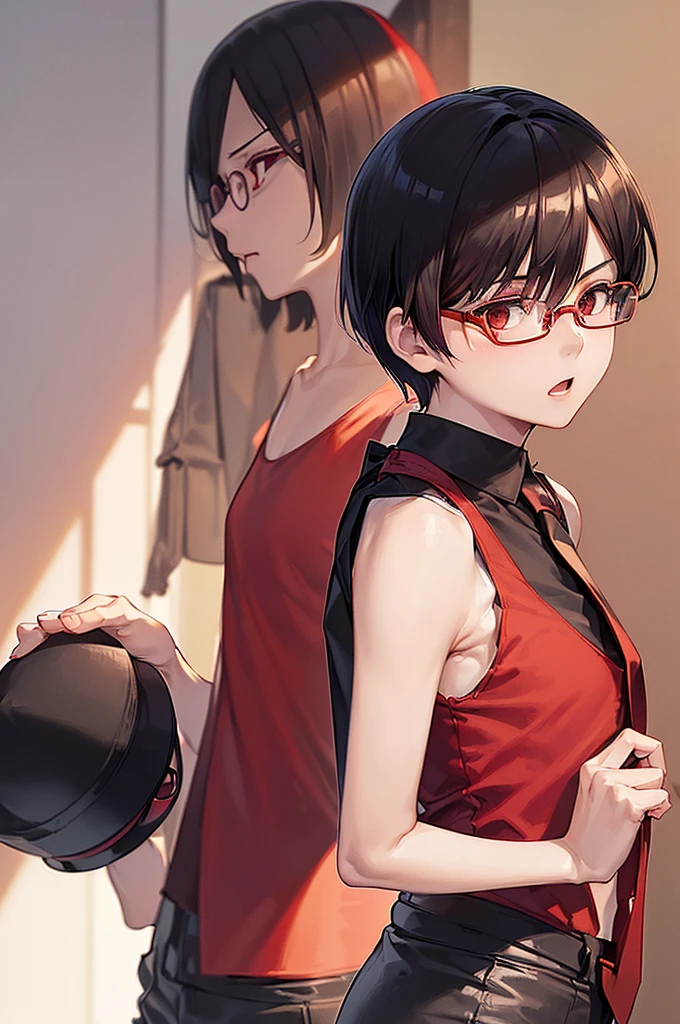 masterpiece, best quality,anime style, 1 girl,(((slender body))), (((small eyes))),(((tank top,hot pants,red tie,red bowler hat,glasses))), (beautiful face), (((short hair))), (((straight hair))), ((((black hair)))),detailed beautiful skin, (perfect hands, perfect anatomy),scream