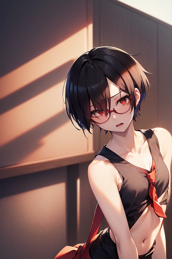 masterpiece, best quality,anime style, 1 girl,(((slender body))), (((small eyes))),(((tank top,hot pants,red tie,red bowler hat,glasses))), (beautiful face), (((short hair))), (((straight hair))), ((((black hair)))),detailed beautiful skin, (perfect hands, perfect anatomy),scream
