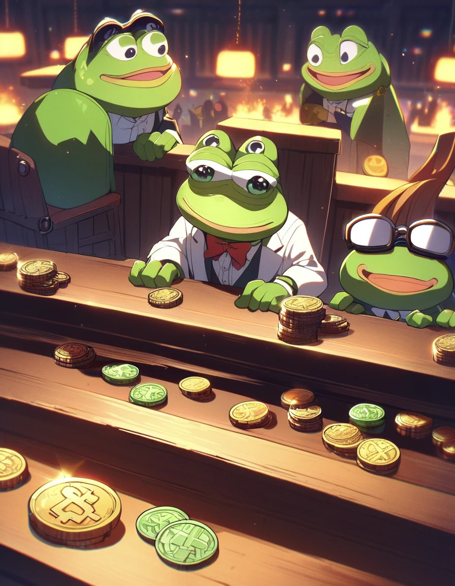 5 frogs talking at the bar, with the fund with crypto tokens