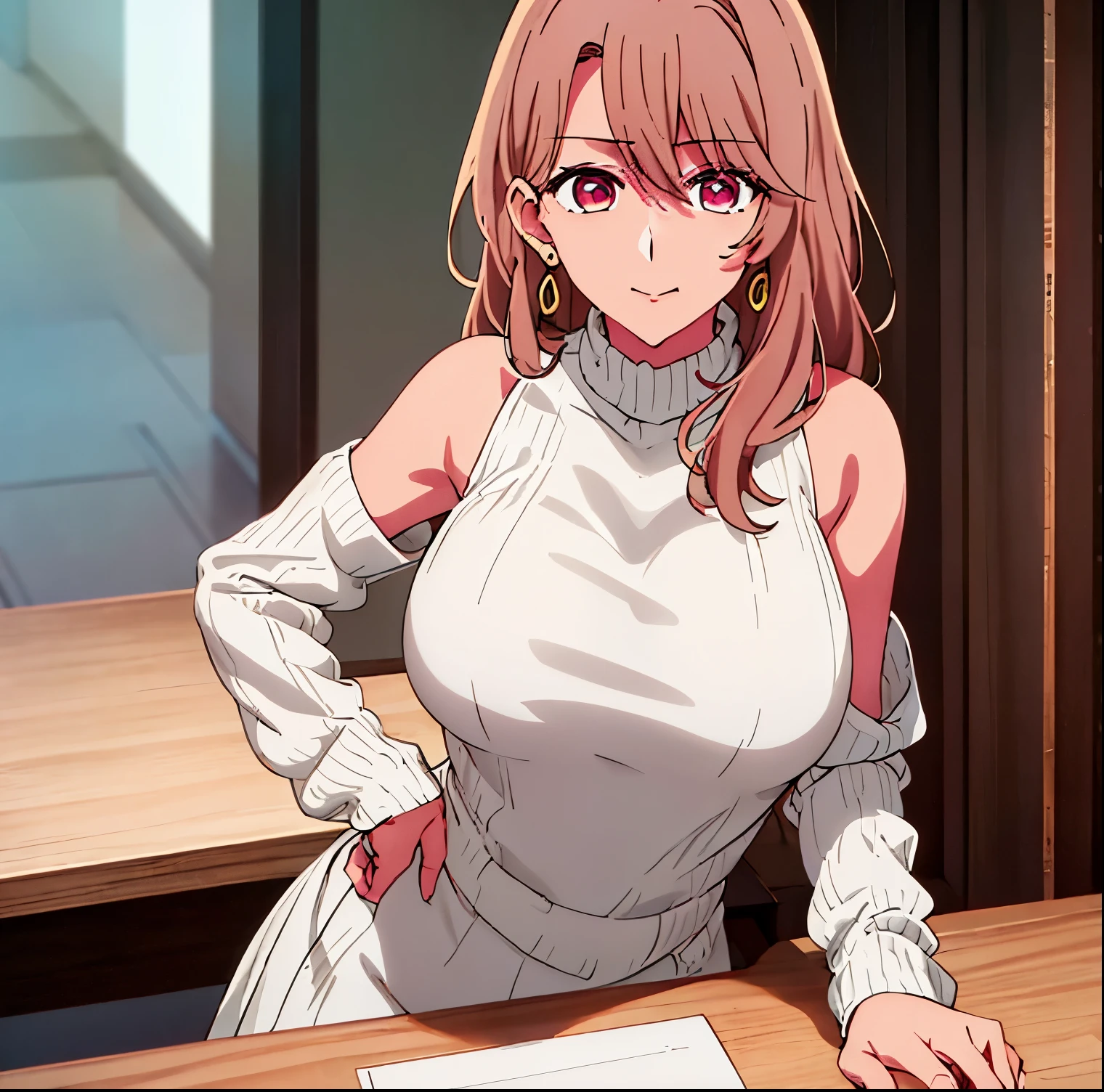 1 girl, alone, miyako saitou, beige sweater dress, beige virgin killer sweater, clothing cut, turtleneck, sleeveless, night, street, cowboy photo, standing, smile, bare arms, full body, sitting on the table, jewelry, collarbone, earrings, open_clothing, pink eyes, light brown hair, eyebrows_visible_through_hair, bangs, 1 girl, 20 years old, young woman, beautiful finger,  full height:1.4,full body ,beautiful long legs, beautiful body, beautiful nose, beautiful character design, perfect eyes, perfect face, expressive eyes, perfect balance, looking at viewer, (focusing on his face), closed mouth, (Inocente_grande_ojos:1.0), Luz_Sonrisa, Official art, Extremely detailed CG unity 8k wallpaper, perfect lighting, colorful, bright front lighting, shiny skin, (masterpiece: 1.0), (best_quality: 1.0), ultra-high resolution, 4k, ultra detailed, photography, 8k, HDR, high resolution, nonsense:1.2, Kodak portrait 400, grain film, blurred background, bokeh:1.2, Lens flare, (vibrant_color:1.2), professional photography, (beautiful, big_breasts: 1.4), (beautiful_face: 1.5), (narrow_waist), Wide hips, medium thighs, full body excellent anatomy , Excellent hands