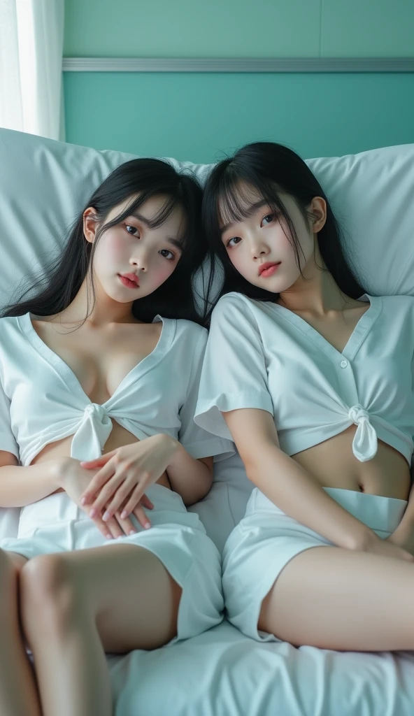 8k, best quality, Medium close-up, (Best quality,8K,tmasterpiece:1.3), (2 young girls:1.1), two beautiful young 12 years beautyful girl ((White nurse uniform, small white nurse (cap), white shirt, open shirt, hospital, patient's room, upper body, sexy)), fit body, perfect eyes, pale skin, fair skin, perfect skin, ((outdoor)), at morning, ultra-delicate face, delicate eyes, double eyelids, half smile, Realistic, beautiful and delicate photo,heterosexual, braless, cold expression, cold pose, wide angle, lying down at crowd hospital, (at the front of crowded hospital:1.4),buttock stand out, topless body, sexy pose, full body shot, spread legs wide open, show off vagina,buttocks exposed, topless, small perfect breast, slim body, skinny, ((two girl with sexy pose:1.6)), correct hand, correct eyes, correct fingers